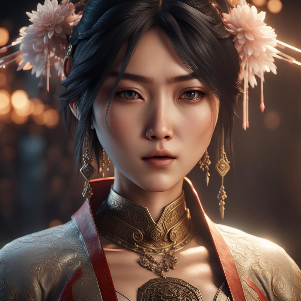 Beautiful Asian Girl in 3D Game Cinematic Style
