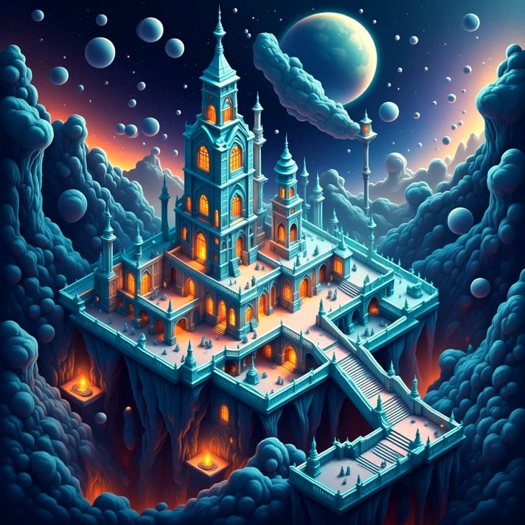3D Isometric Celestial Stronghold in Starlit Skies