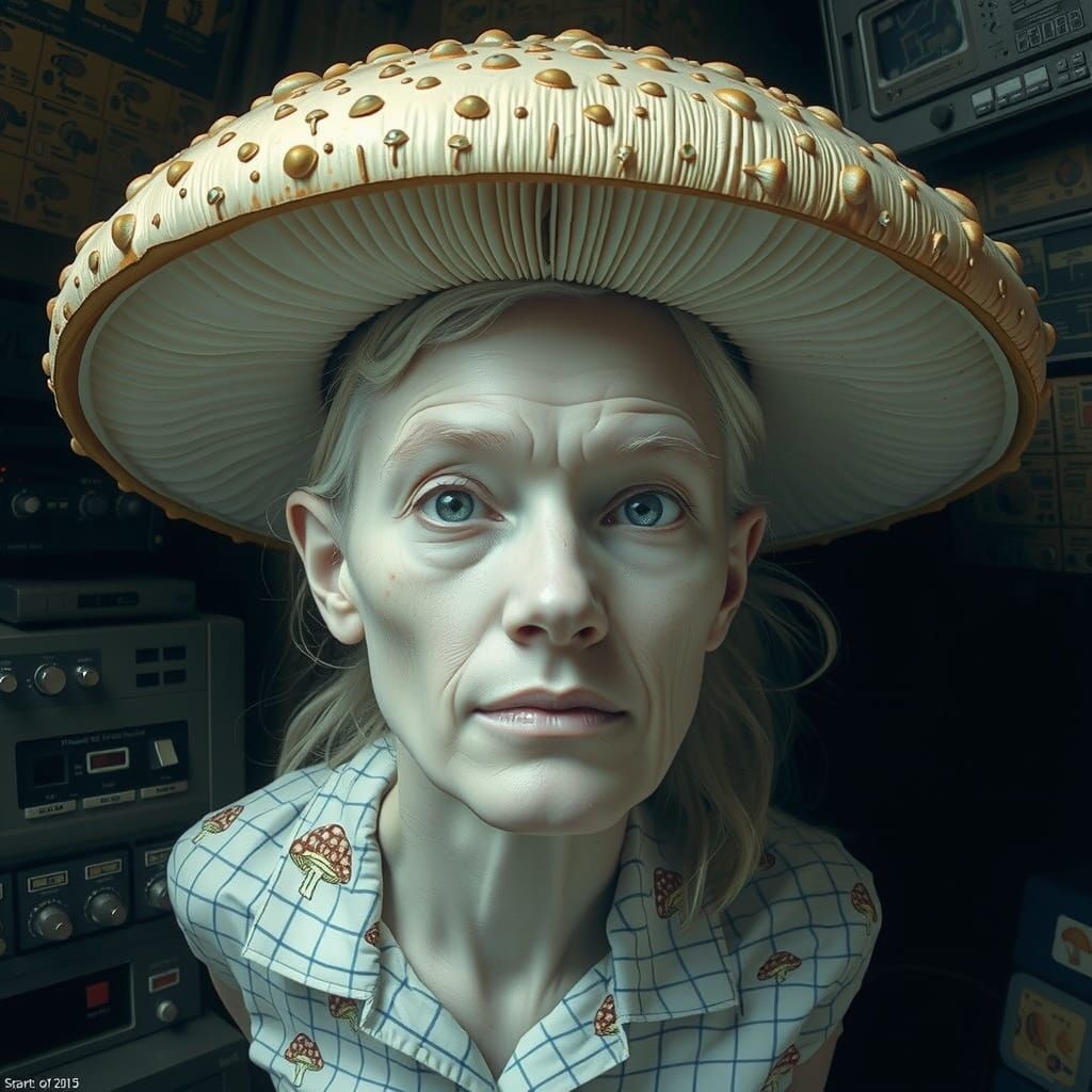 Surreal Mushroom Computer Repair in Photographic Style