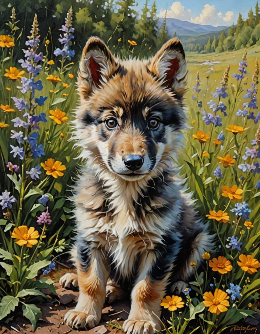Wolf Pup Portrait with Wildflowers, Oil Painting