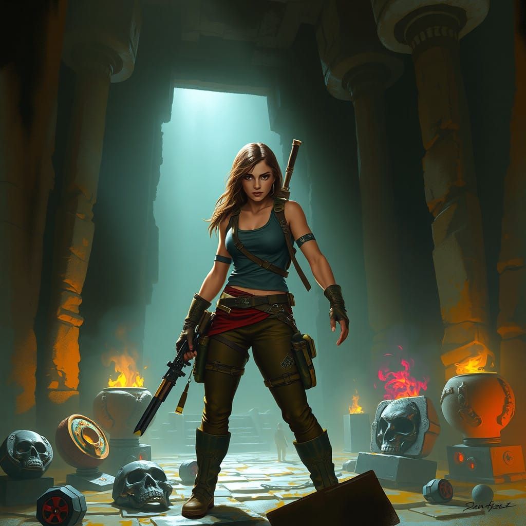 Epic Adventurer Stands Tall in Ancient Temple