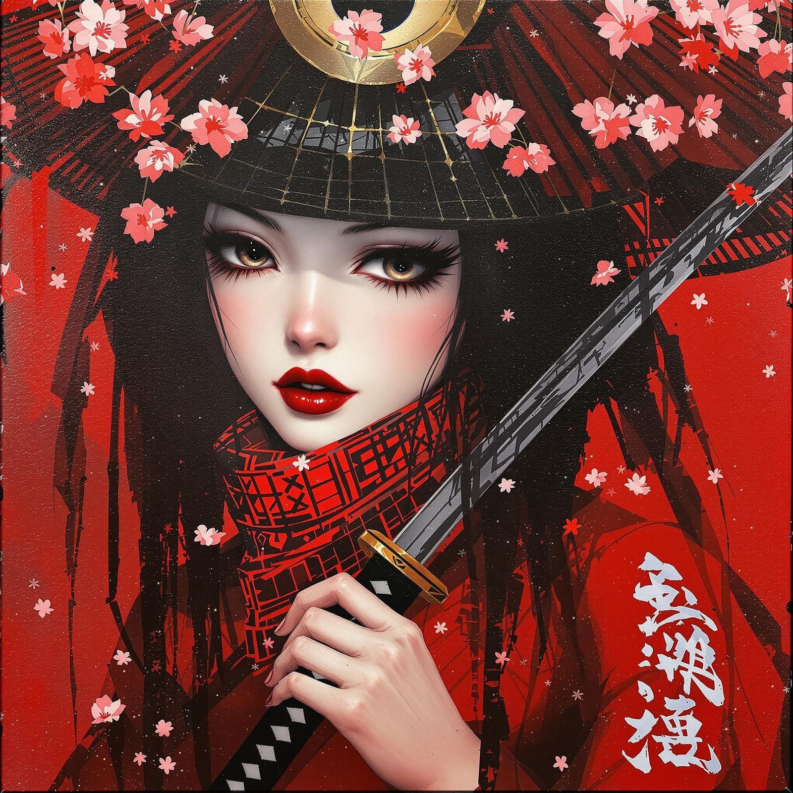 Black-Haired Samurai Girl with Katana and Sakura