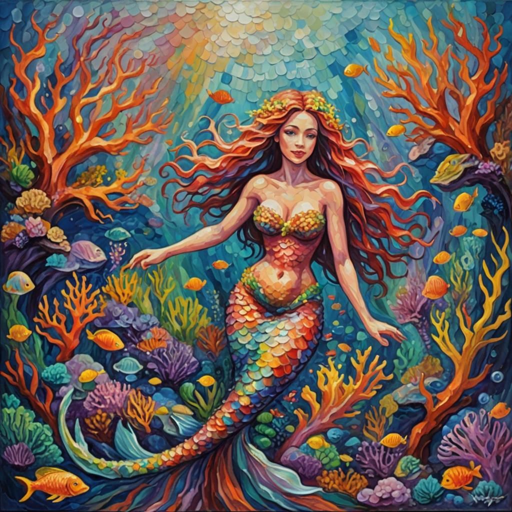 Mermaid in Coral Reef: Neo-Impressionist Oil Painting