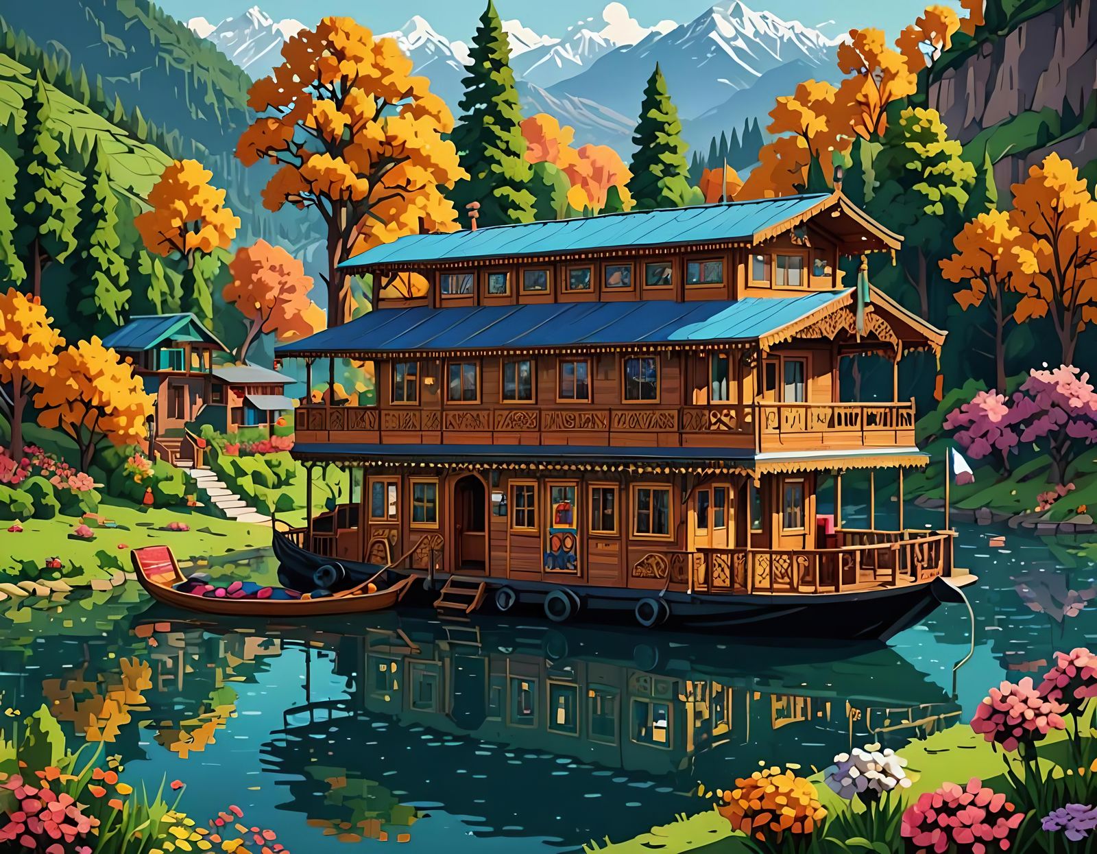 Cozy Kashmir Houseboat in Pixel Art Style