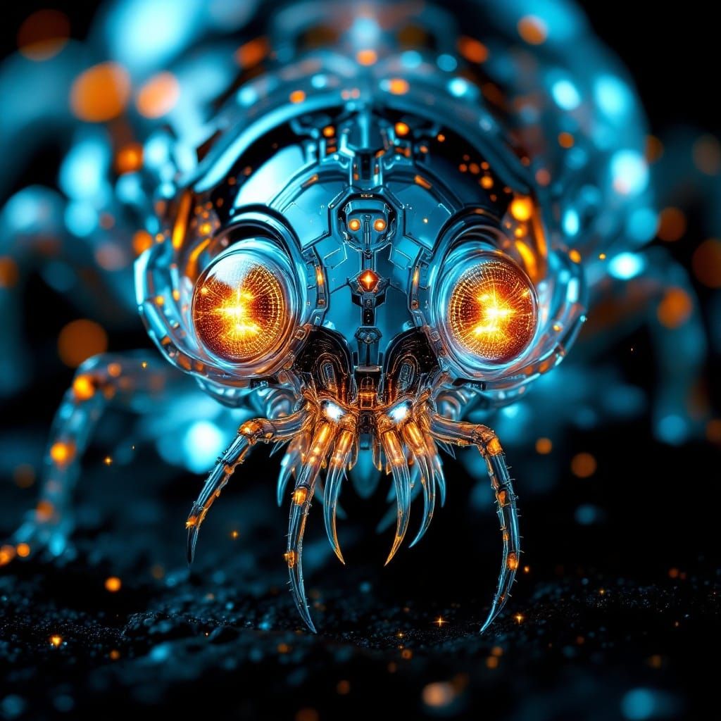 Microscopic Cyborg Insect with Glowing Lights