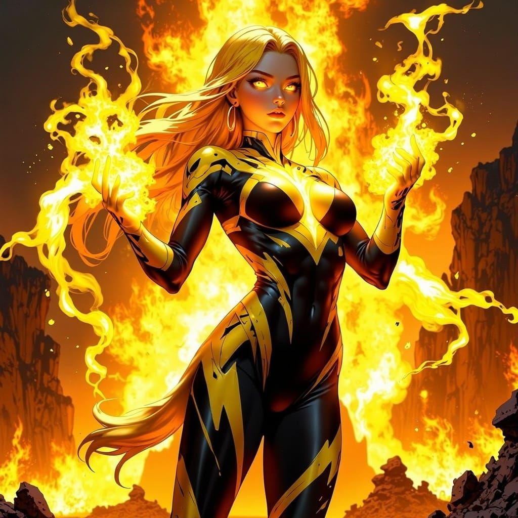 Sulfur Woman Summons Flames in Digital Art Style