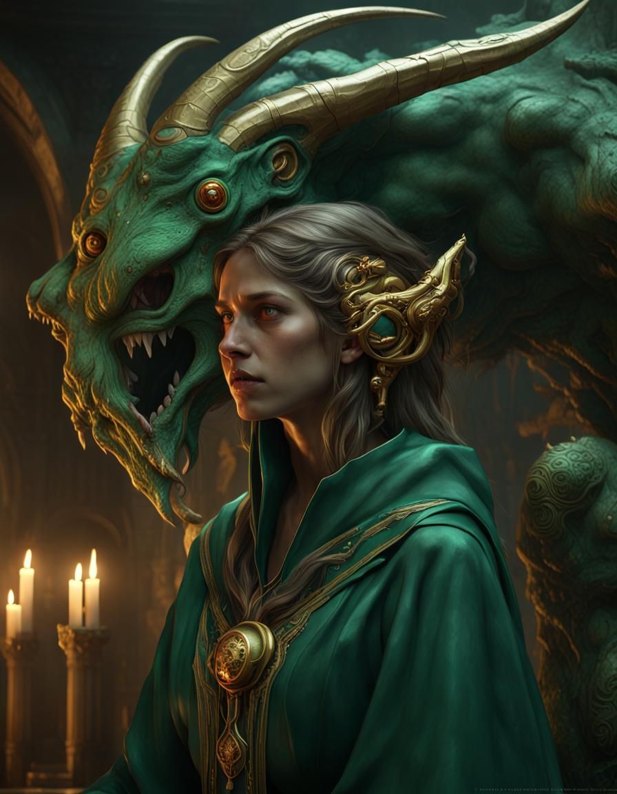 Biomechanical Monster Whispering to a Mage, Dark Fantasy Art