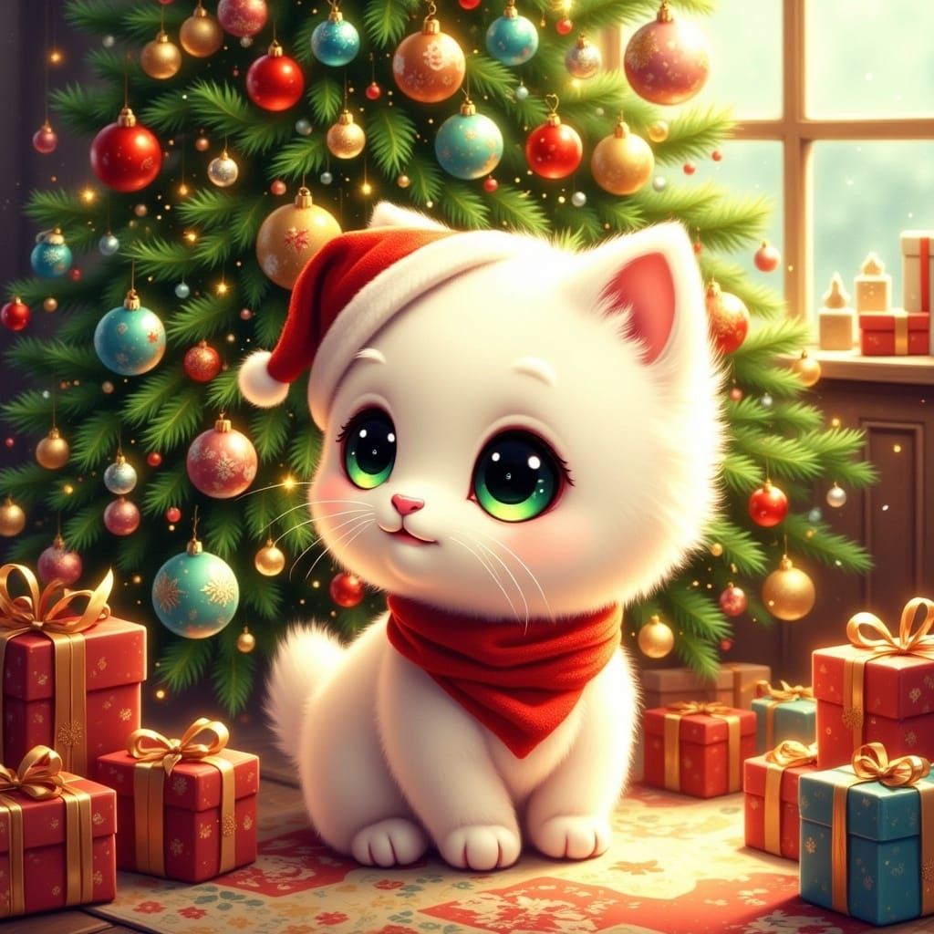 Whimsical Chibi Cat Seeks Christmas Tree Treasure