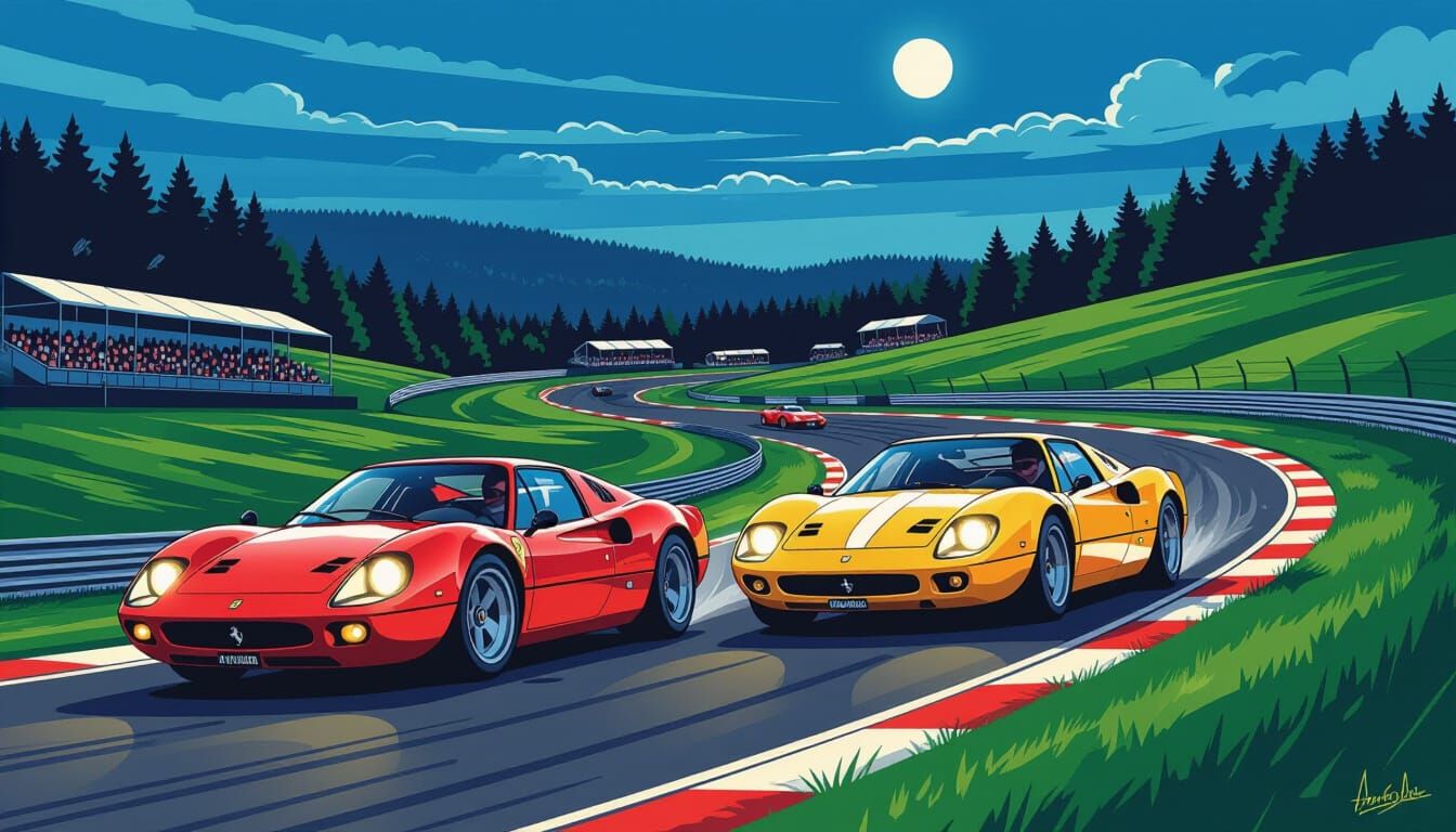 Italian Sports Cars Race at Spa, Retro Comic Art