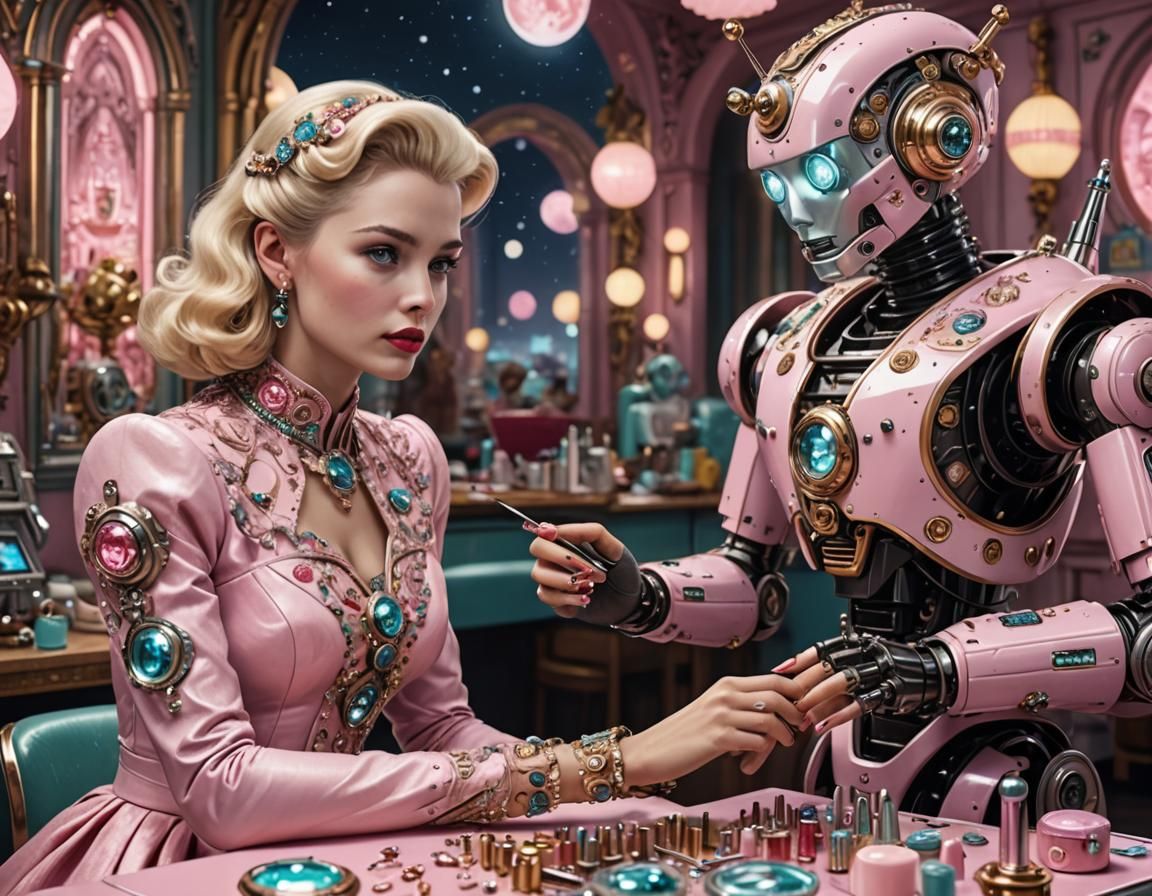 1950s Woman and Robot Manicurist, Sci-Fi Art