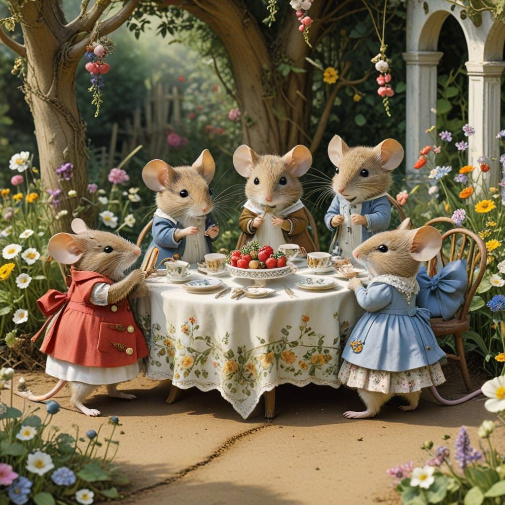 Delicate Garden Party Celebrated by Whimsical Mice in Intric...