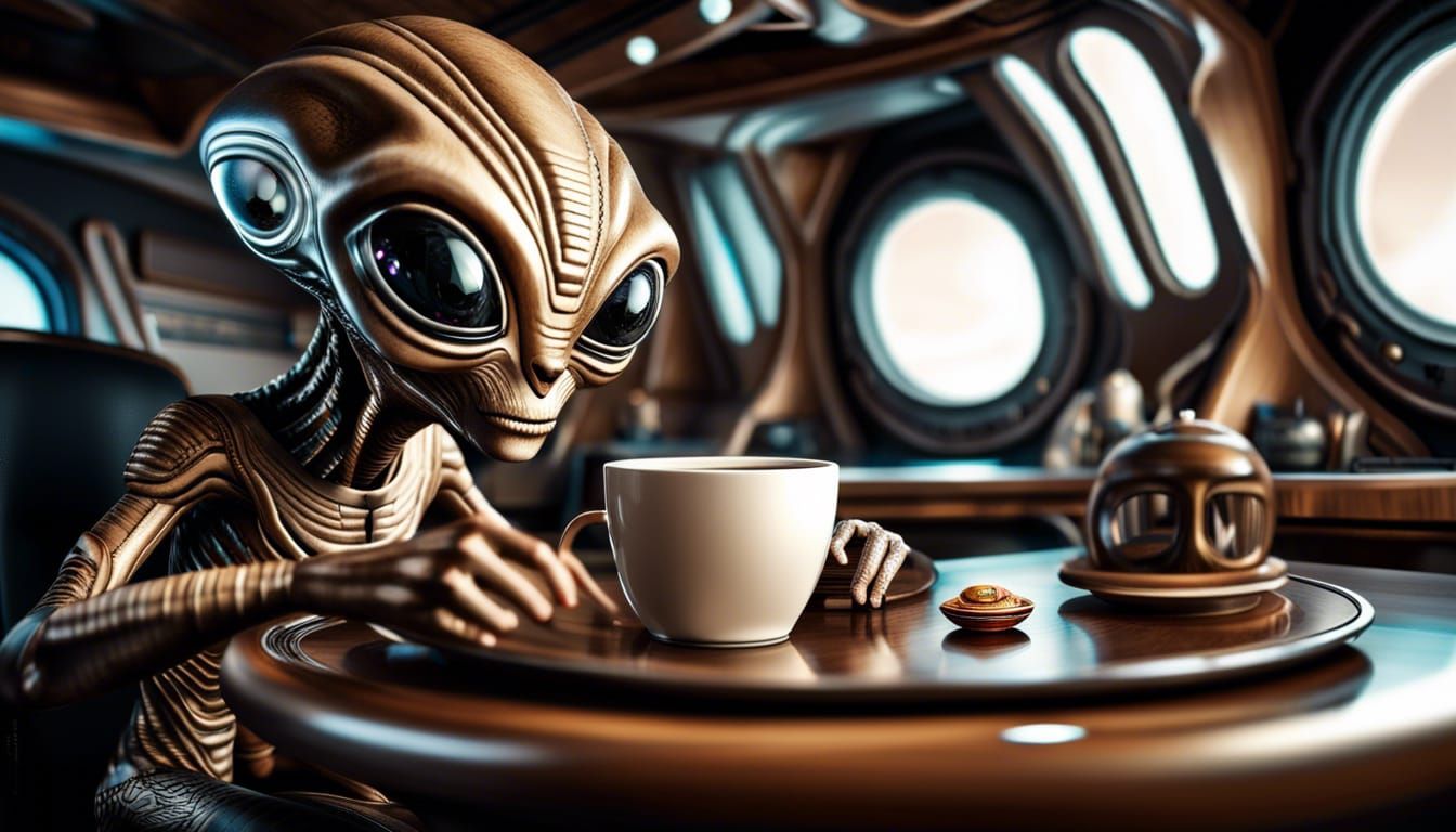 Alien Sipping Coffee in Beechwood Spaceship