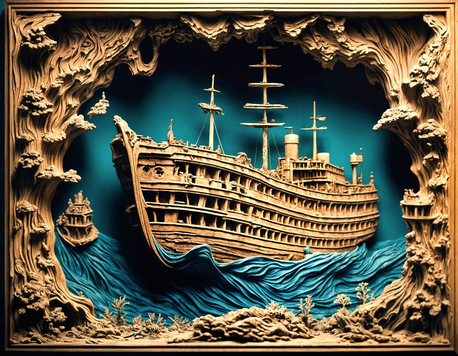 Dramatic Wood Carving of Sunken Ship with Coral Reef