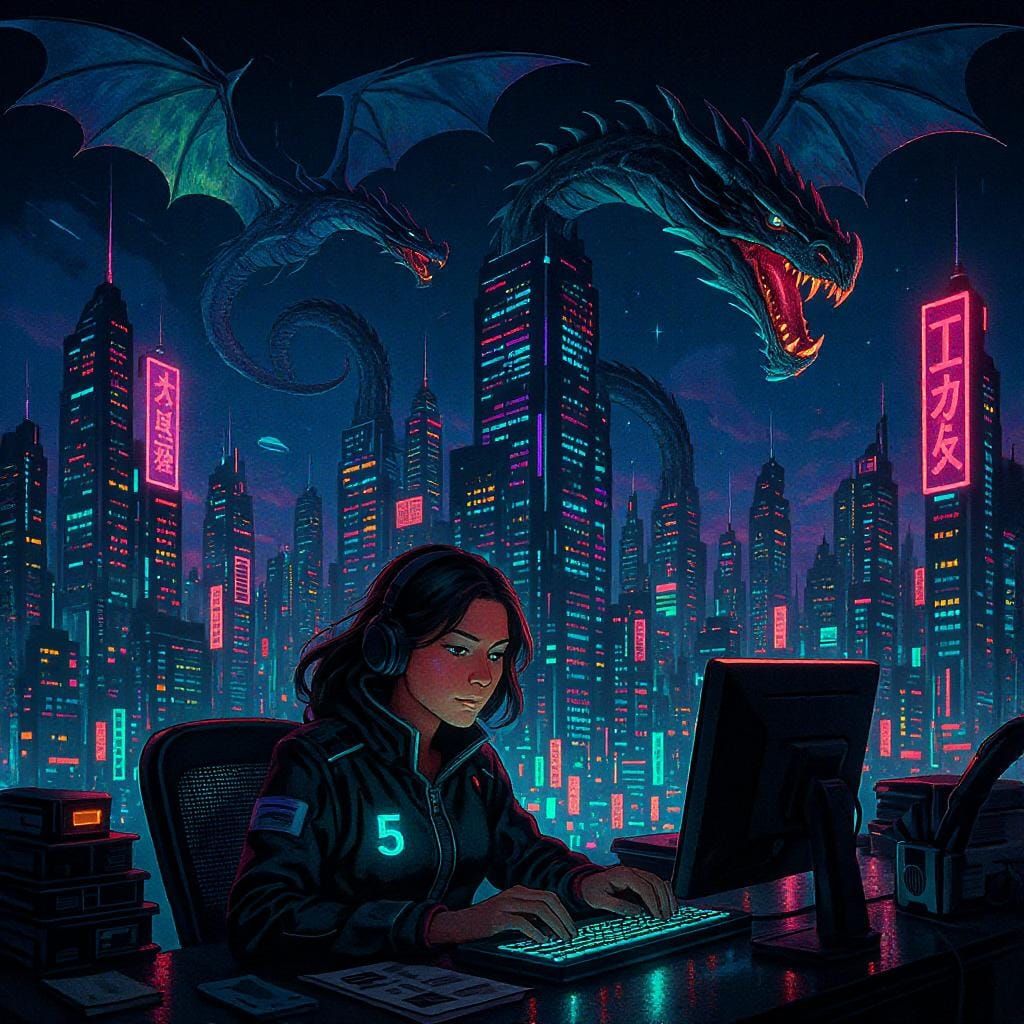 Cyberpunk Night Shift with Soaring Dragons