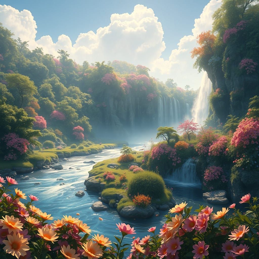 Dreamlike Waterfall Oasis in a Vibrant Lush Landscape