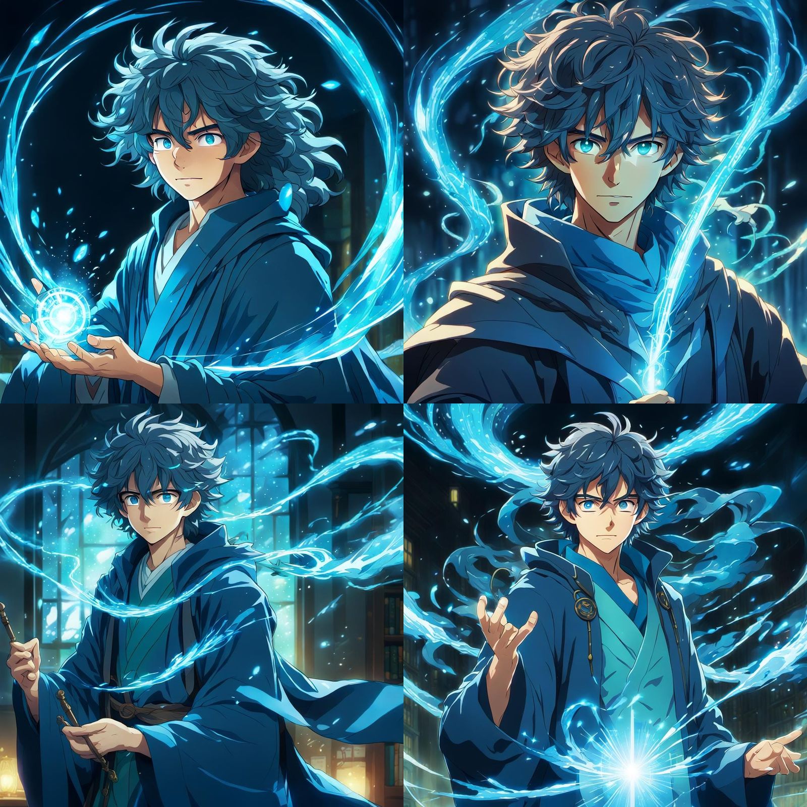 Blue-Haired Wizard Casting Magic in Ghibli Anime Style