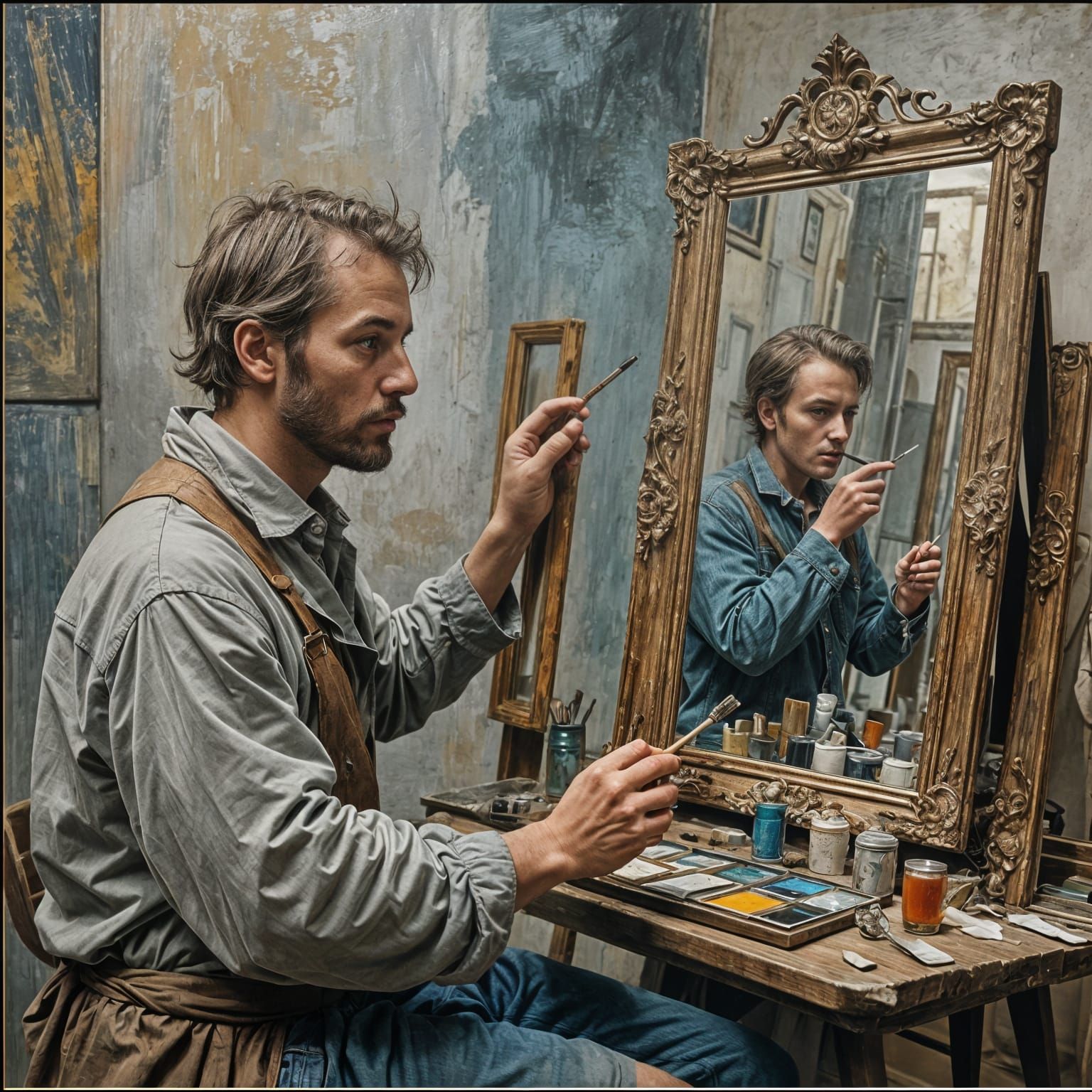 Surrealist Painter Creates Self-Portrait in Mirror