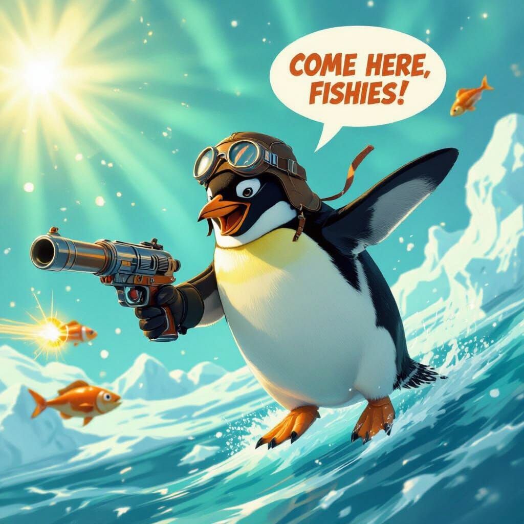 Penguin Pilot with Ray Gun Hunts Fish Under Aurora