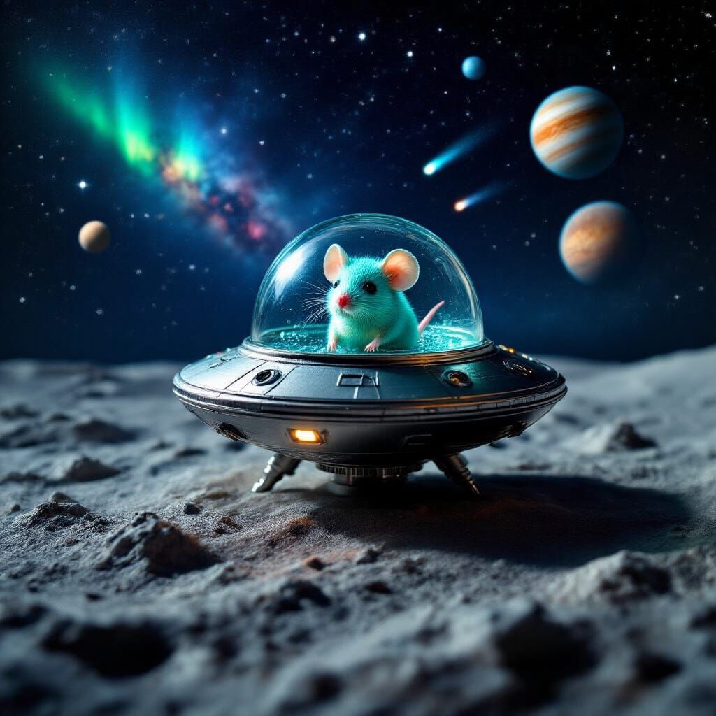 Alien Spaceship with Chibi Mouse on Moon