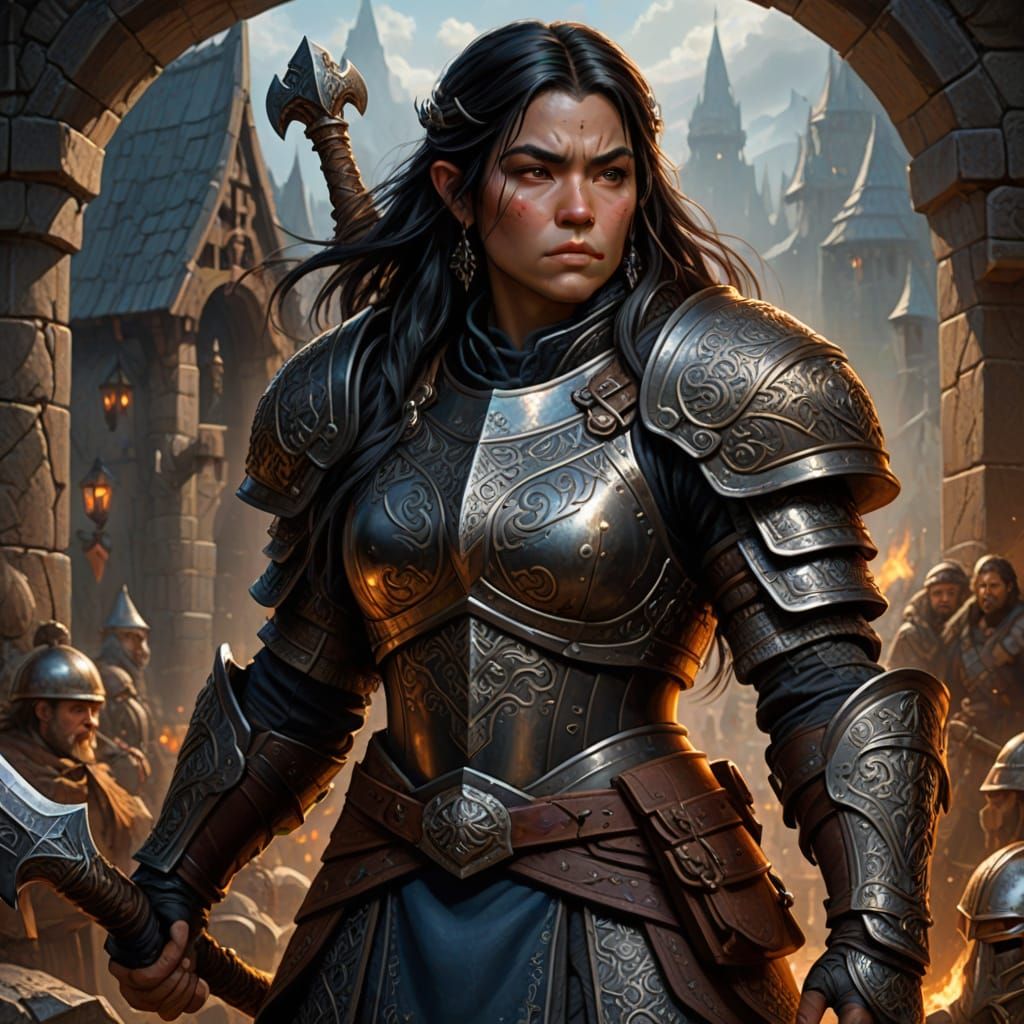 Dwarf Female Warrior in Full Armor, Holding Battle Ax