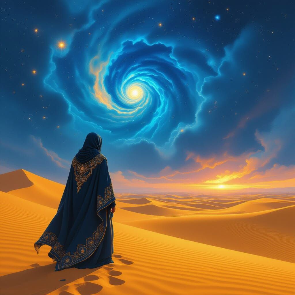 Lone Desert Traveler Under Swirling Skies