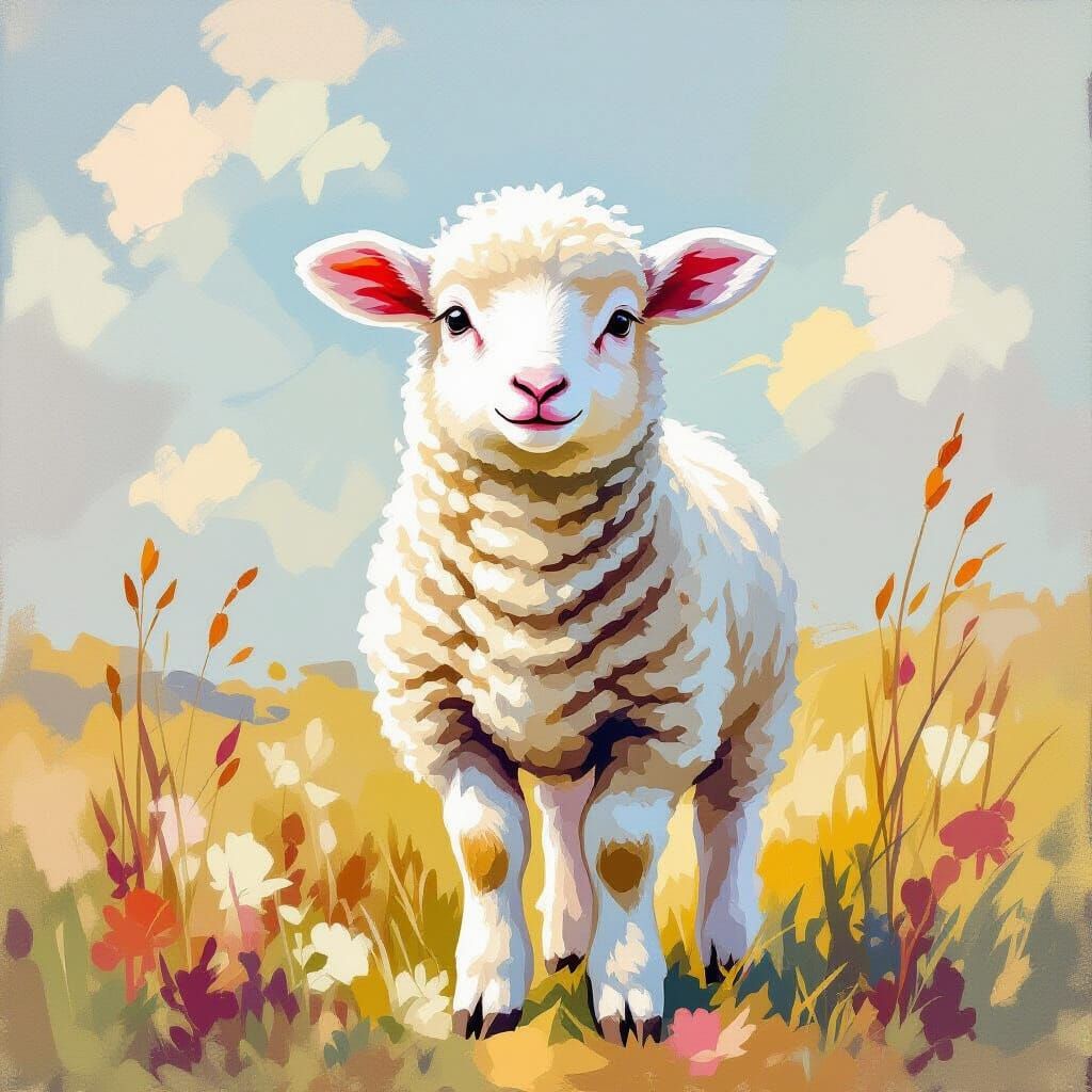 Lamb in Fluffy Coat: Gouache Impressionist Style