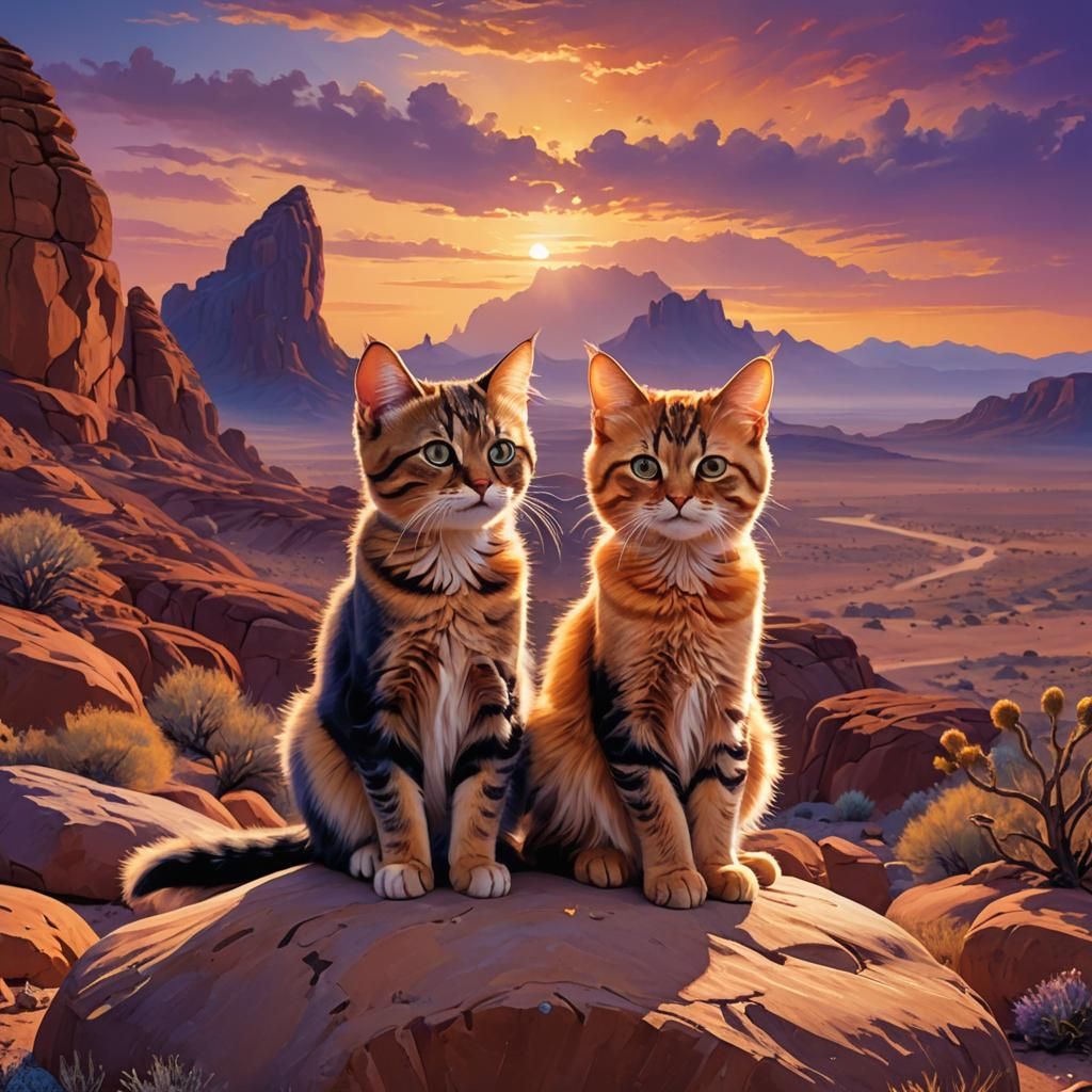 Cat and Kitten at Desert Sunset: Oil Painting