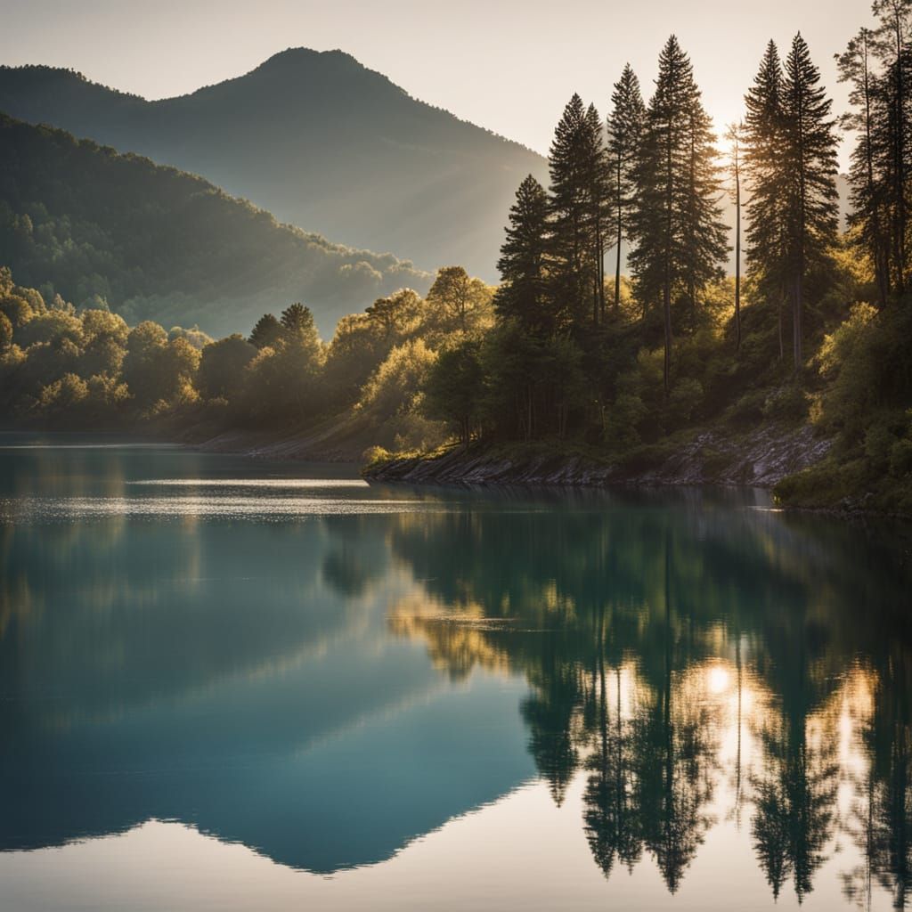 Serene Blue Lake at Golden Hour Landscape Photography