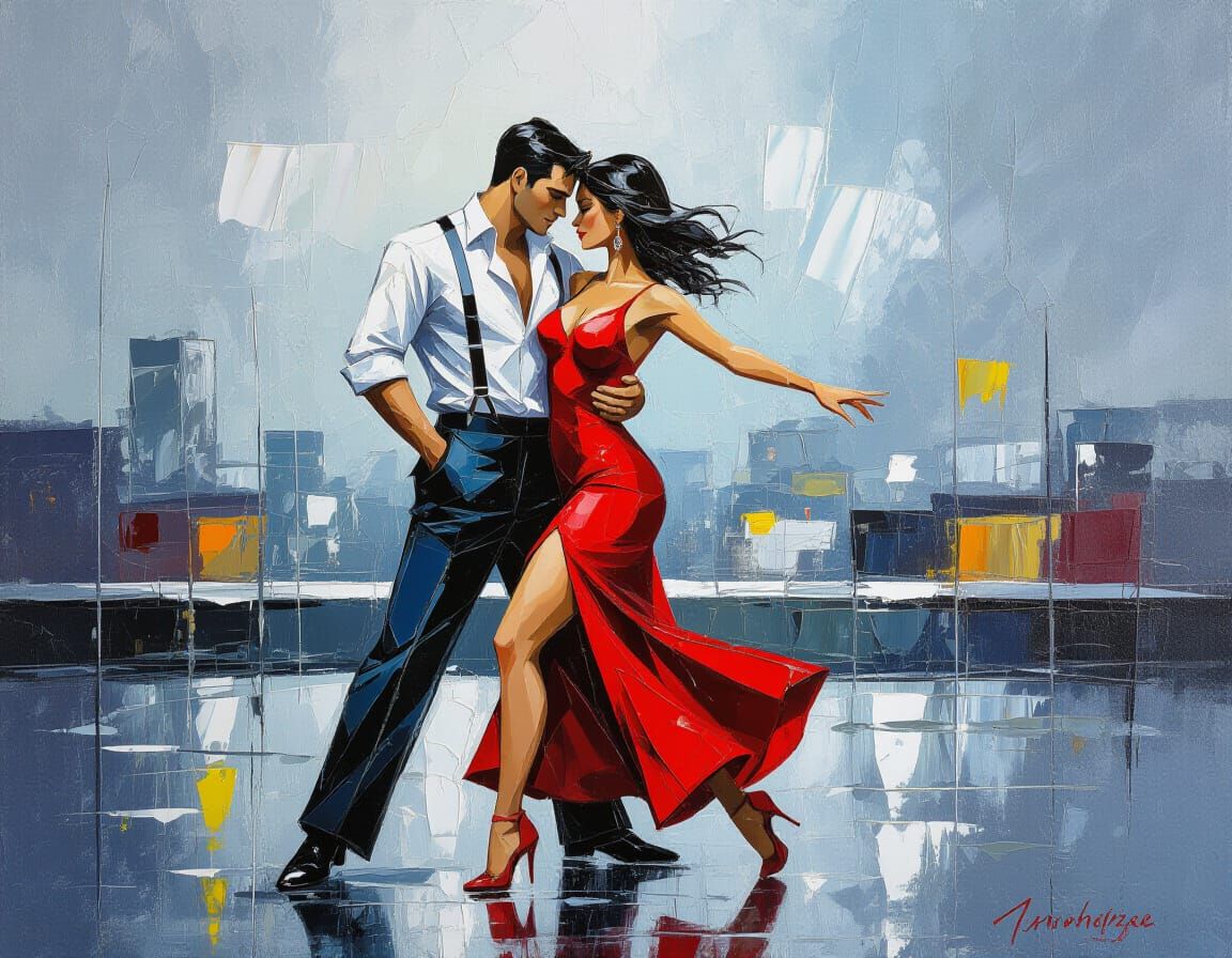 Tango Dancers on Rooftop in Rain, Abstract Expressionism Pai...