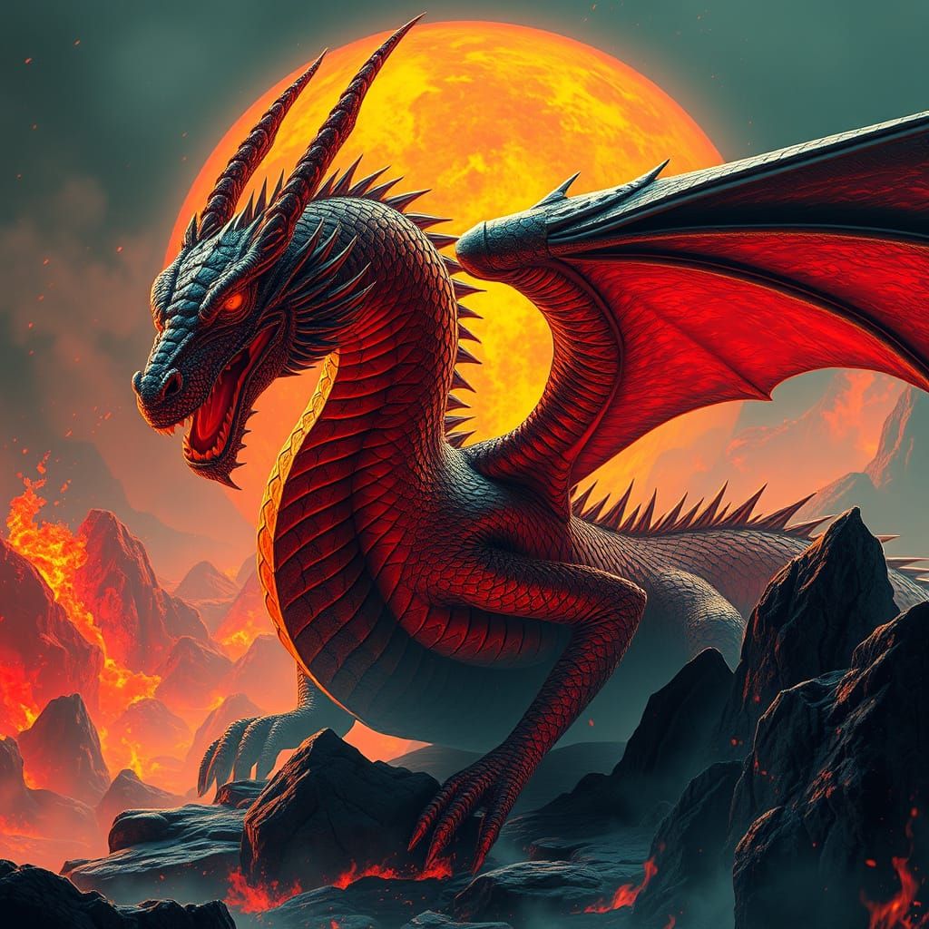 Fiery Lava Dragon in Dystopian Landscape