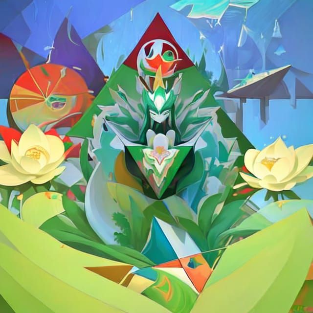 Buddhist Monk Meditating Amidst Cubist Lotus Pond