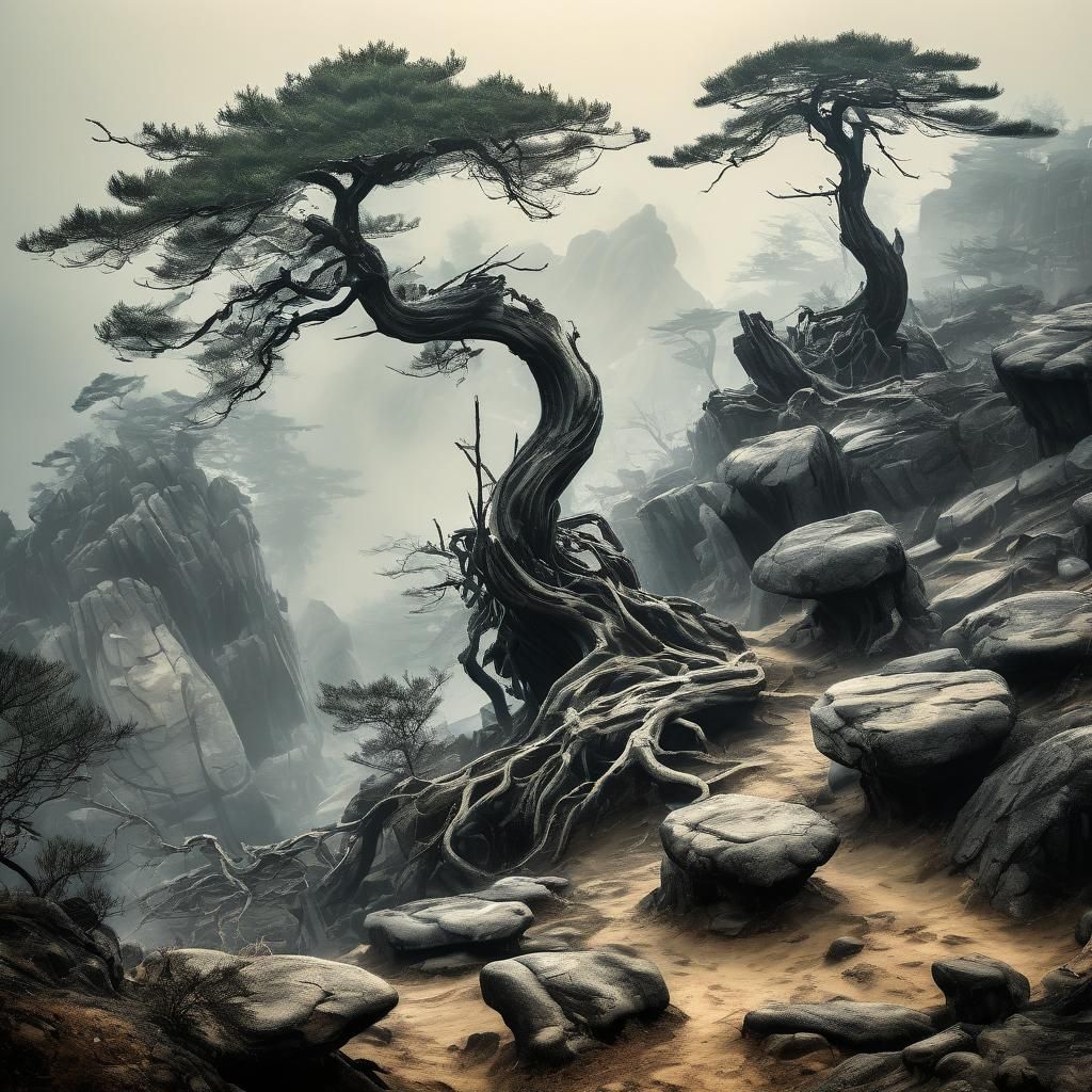 Chinese Ink Landscape Painting with Twisted Pine