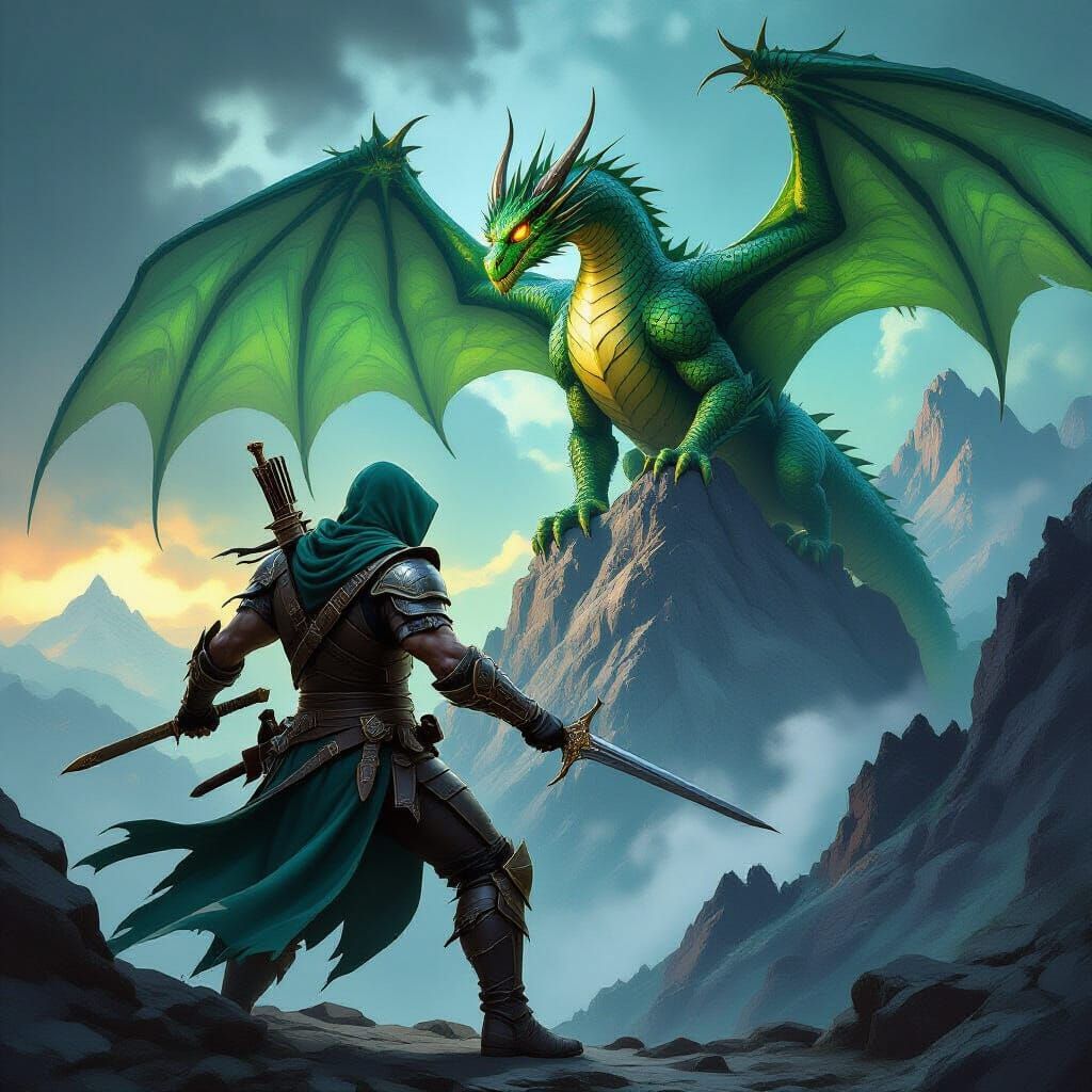 Rogue Faces Dragon in Dark Fantasy Concept Art