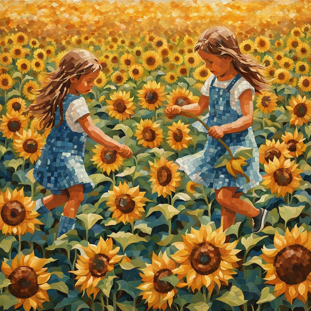 Mosaic of Girls Playing in Sunflower Field