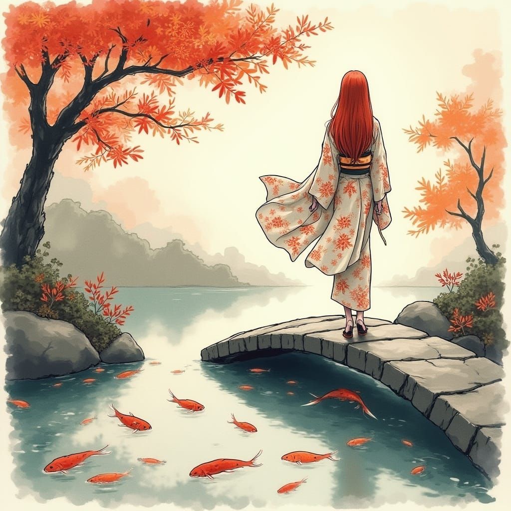 Woman in Kimono on Bridge in Sumi-e Ink Style