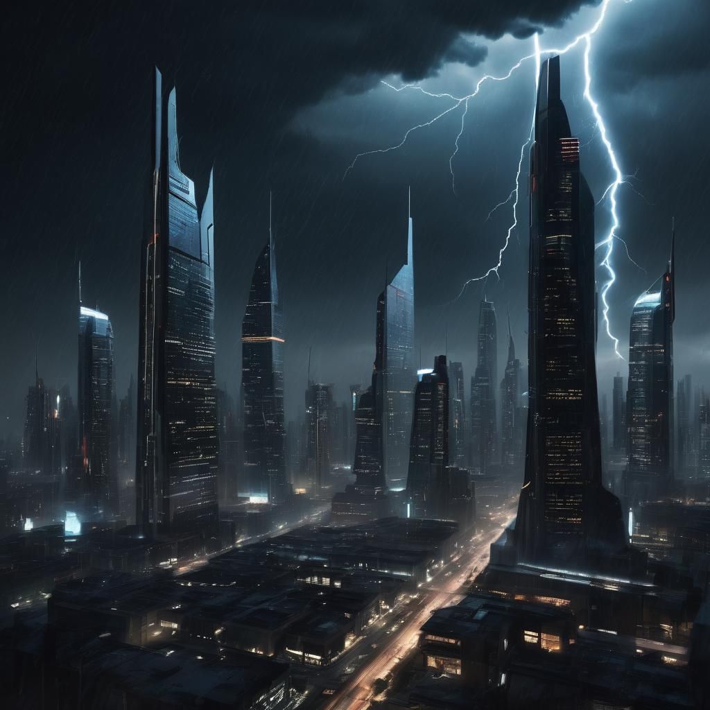 Futuristic Galactic City During a Thunderstorm