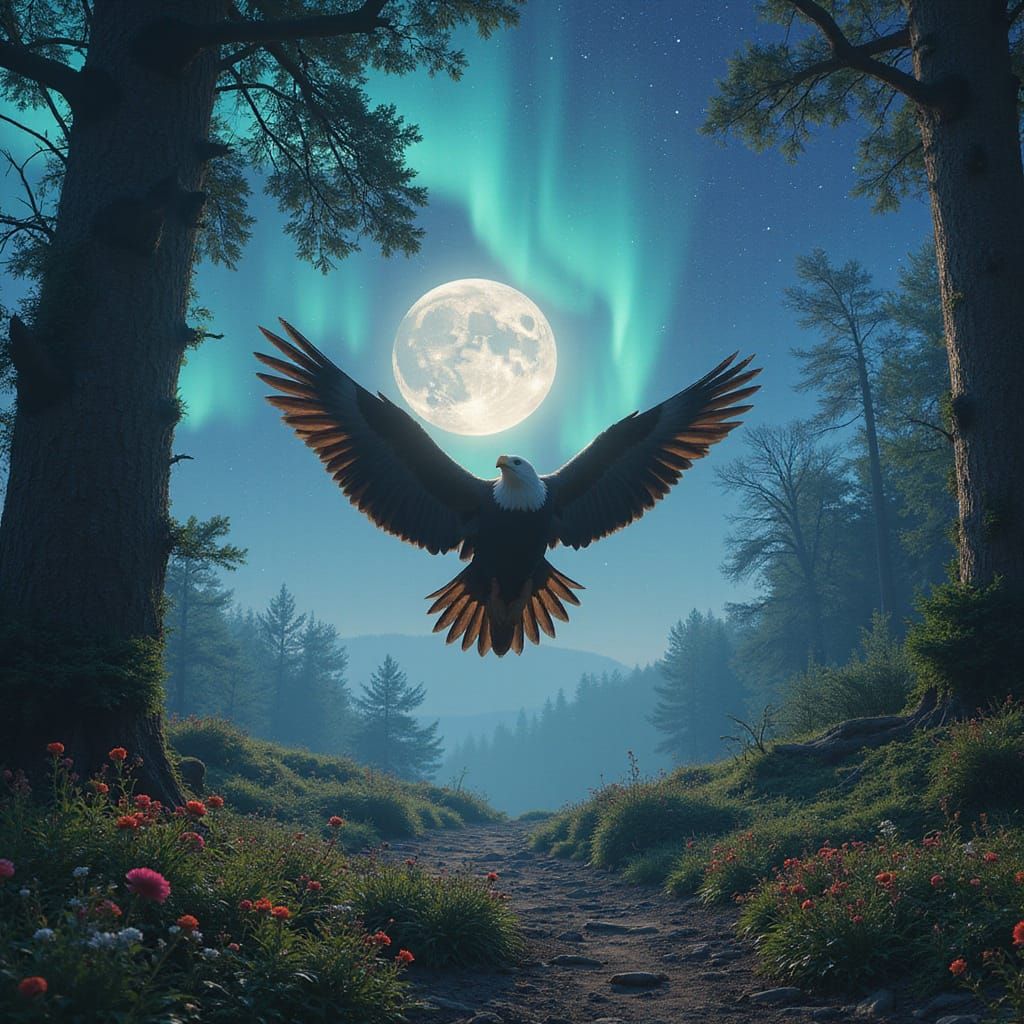 Ethereal Eagle soars in a Fantasy Forest with Iridescent Lig...