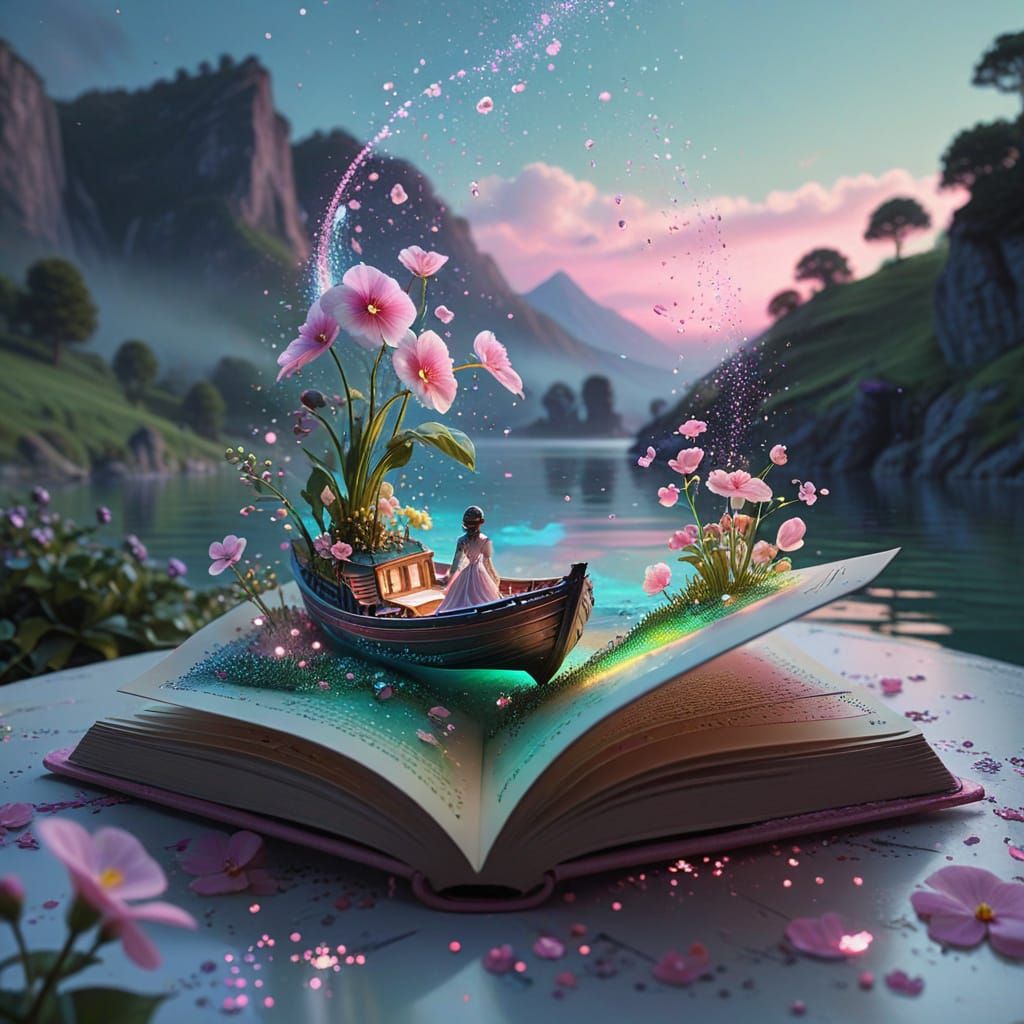 18th Century Girl in Book Boat Amidst Holographic Pagodas