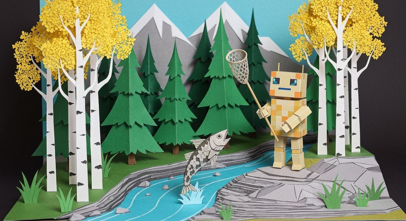 Whimsical Papercraft Robot Fishing for Mechanoid Fish