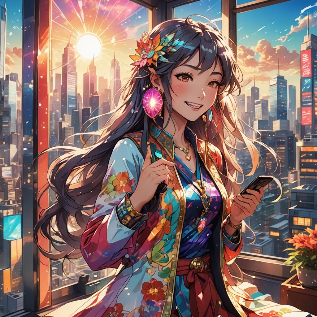 Anime girl calls a phone and smiles in amazement in front of...