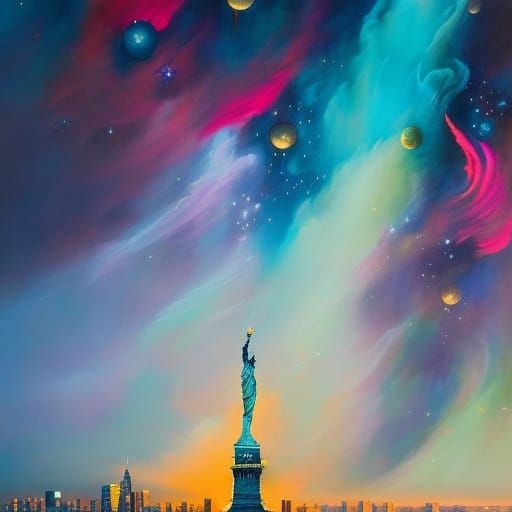 Statue of Liberty in Quantum Realm Ink Painting