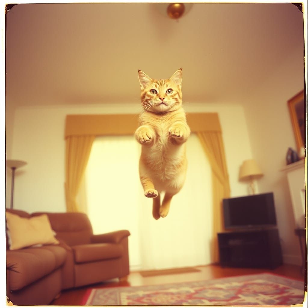 Cat Leaps in Mid-Air on Vintage Polaroid Photo