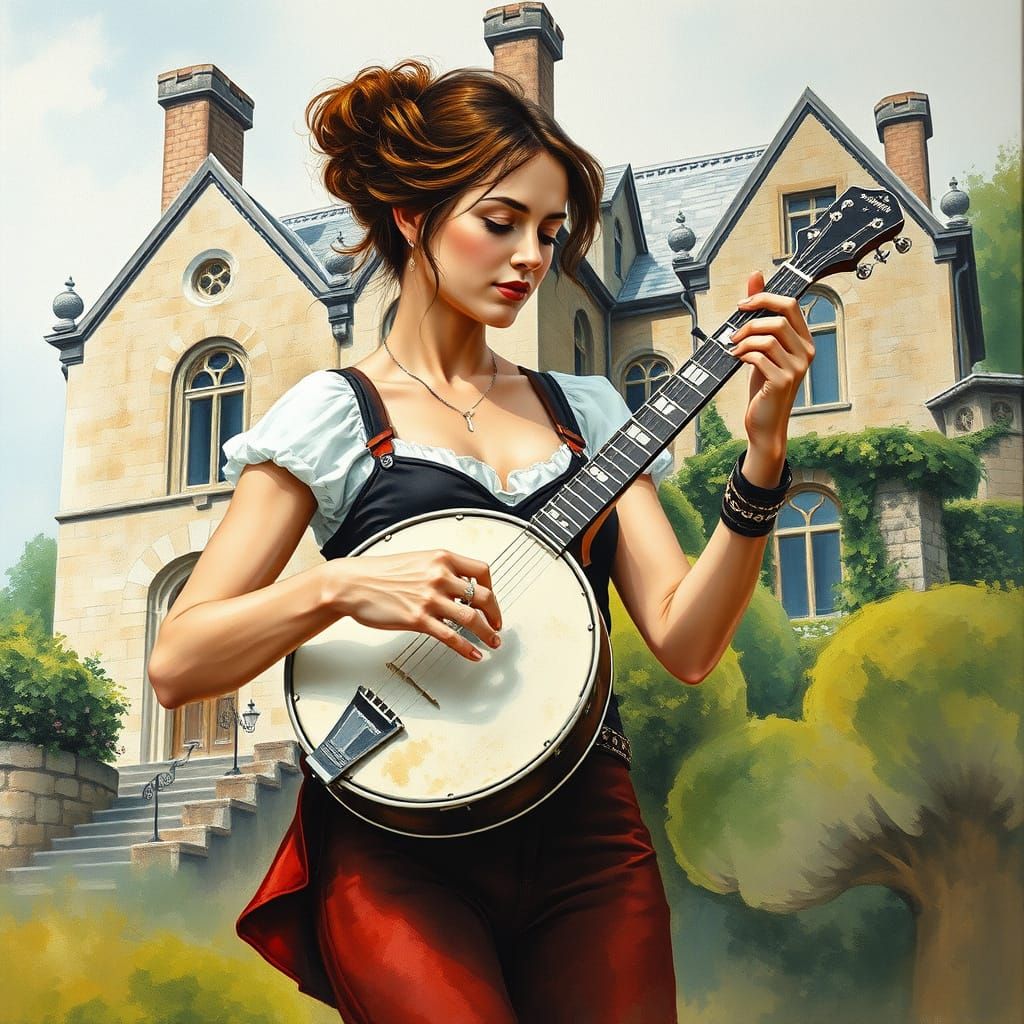 Woman in Elegant Attire Plays Banjo Before a Historic Mansio...