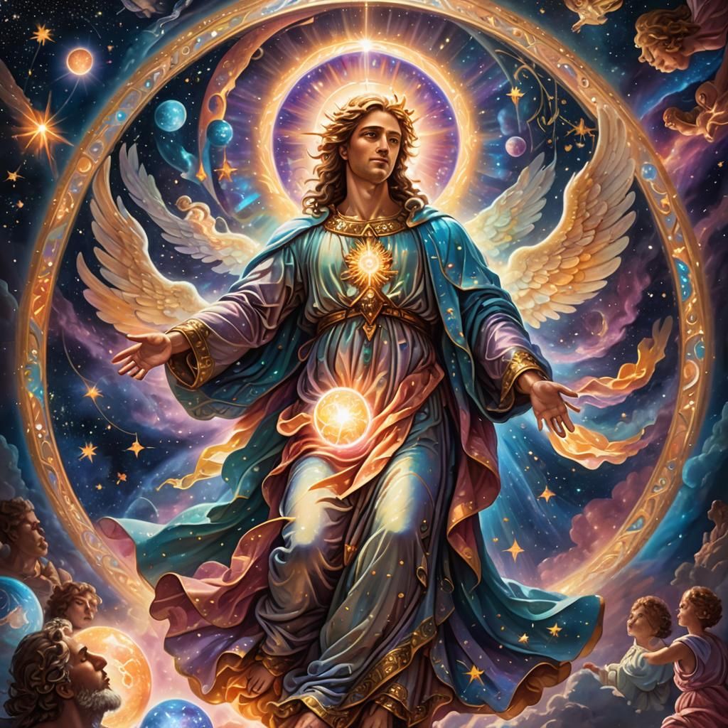 Astral Angel with Glowing Orb in Cosmic Illustration