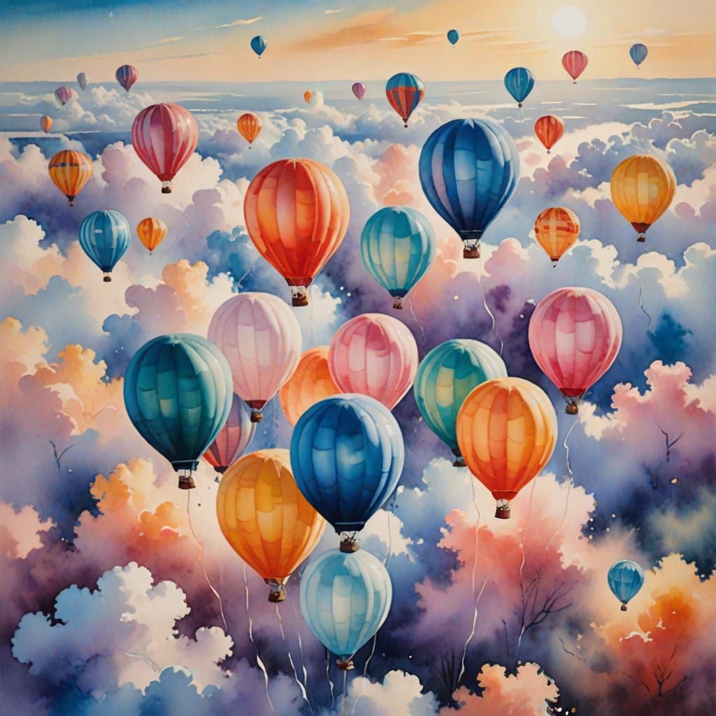 Balloons Released in a Watercolour Painting