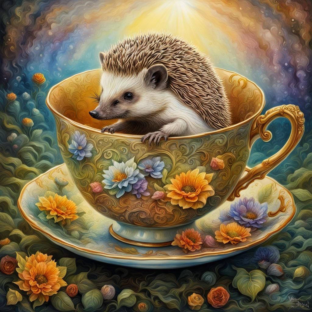 Enchanting Hedgehog in a teacup, hyperdetailed hedgehog and ...