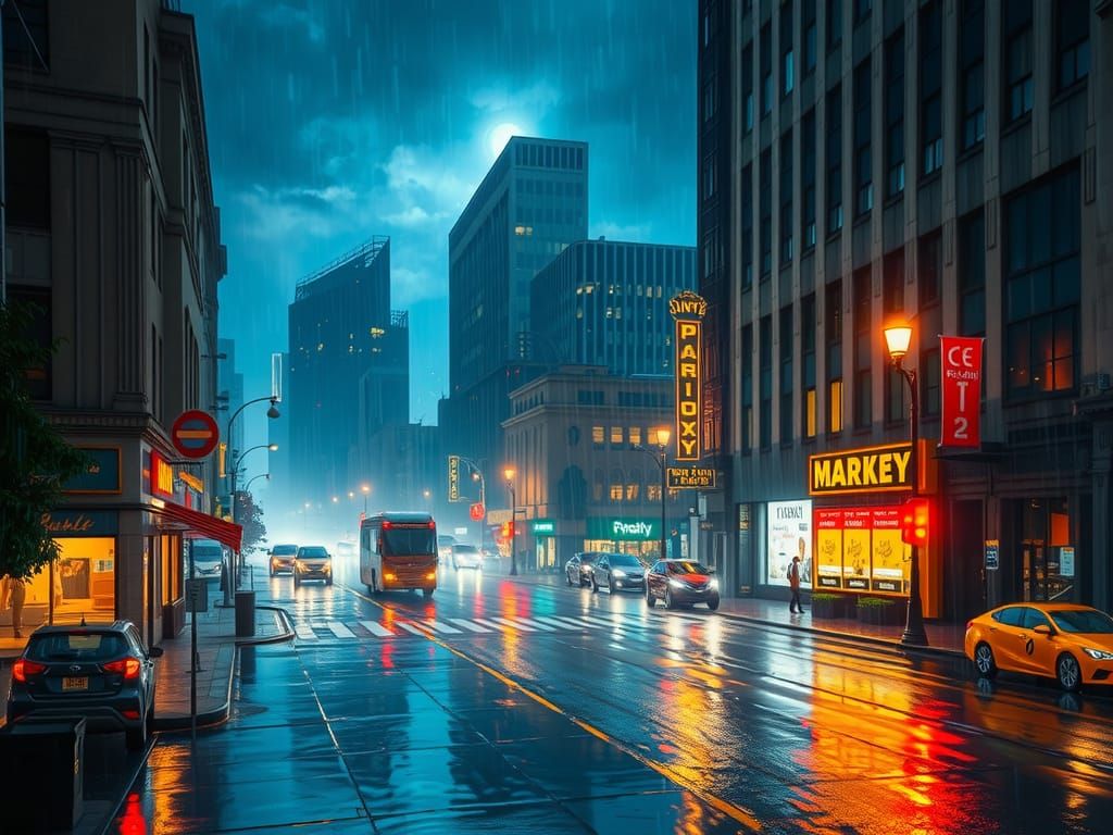 City Night After Rain in Pointillism Style