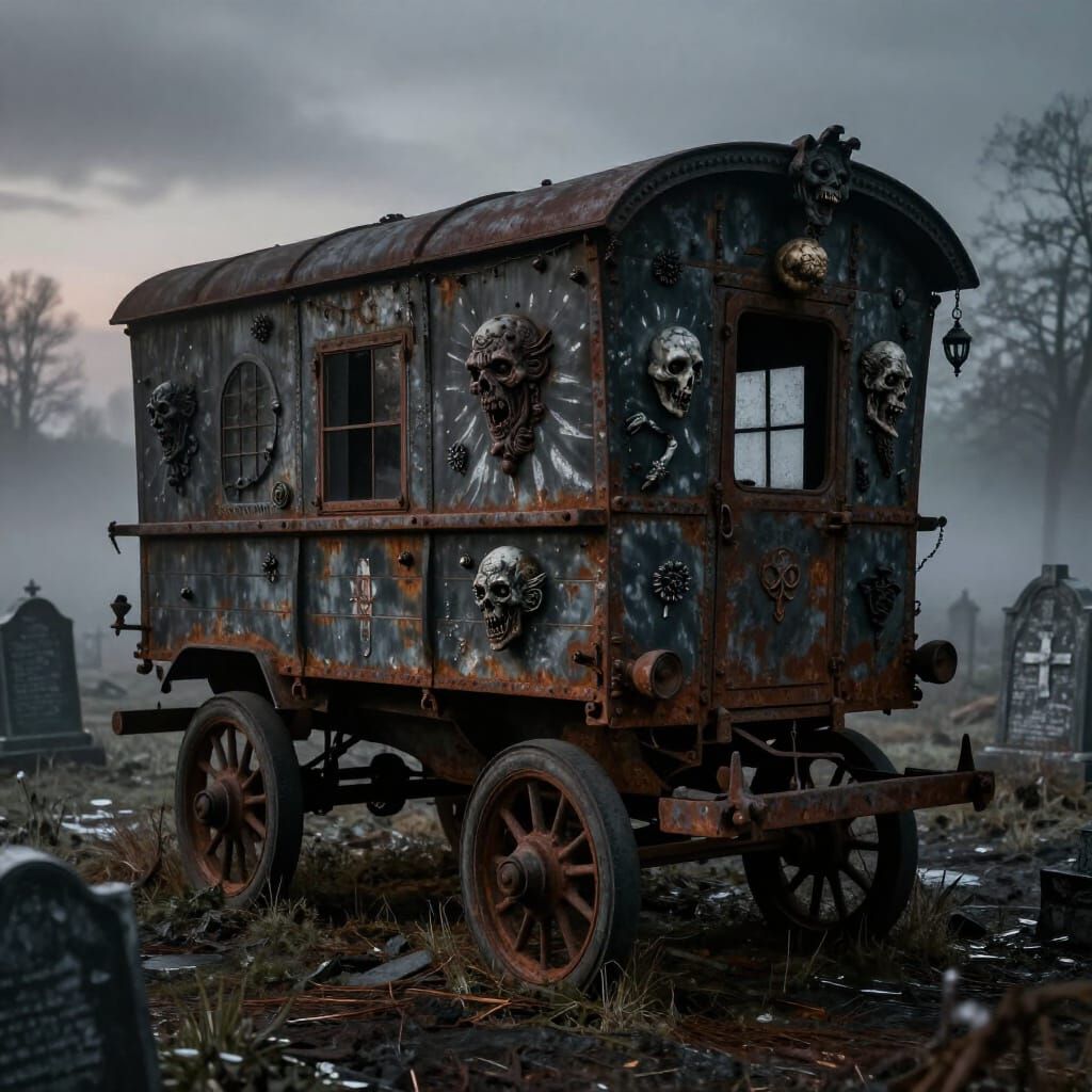 Grim Dark Rusted Meat Wagon in Misty Graveyard