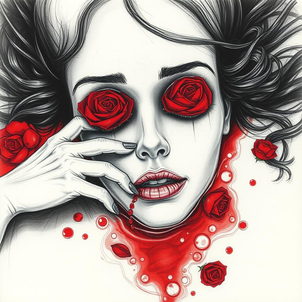 Creepy Gothic Sketch: Woman with Roses for Eyes