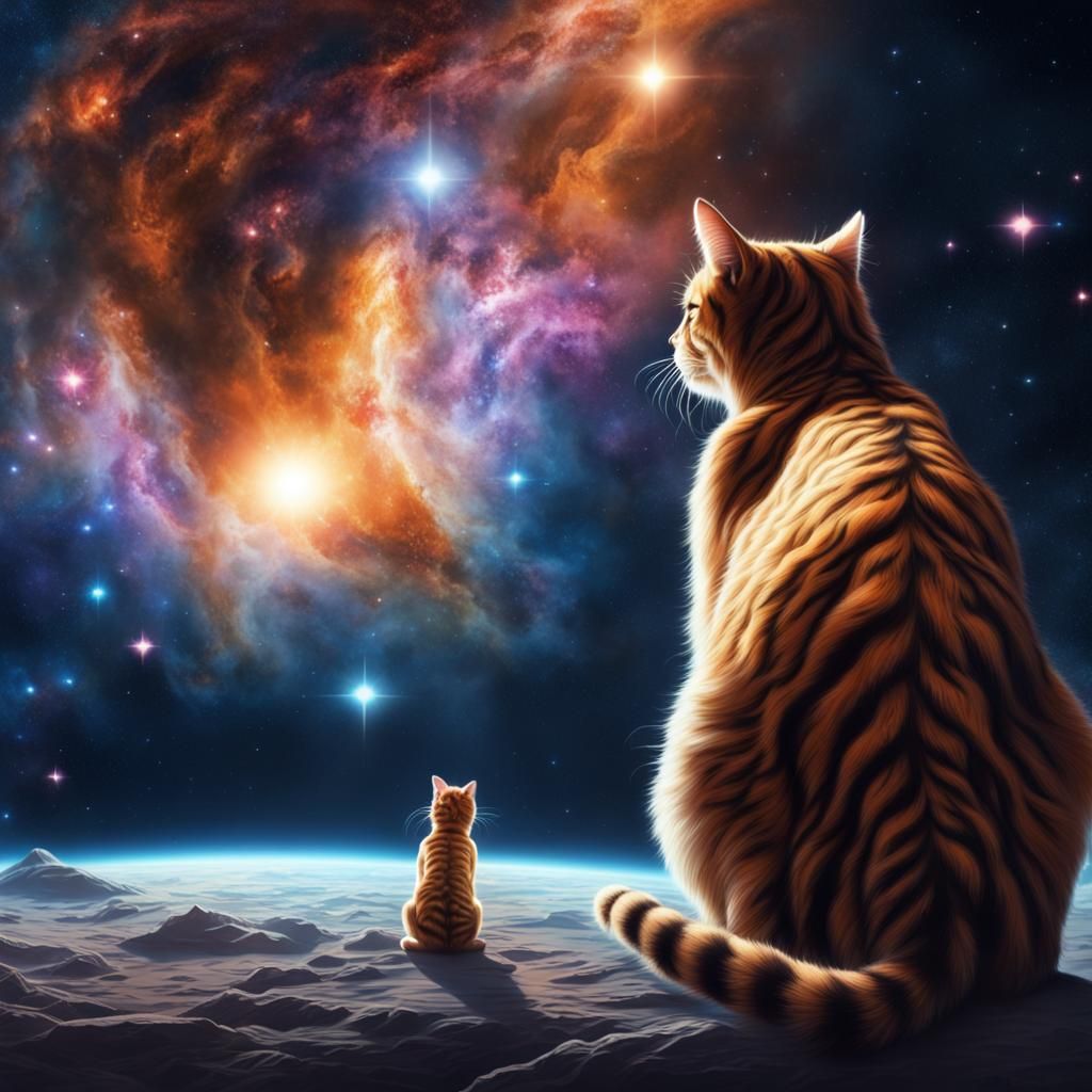 Cat Stares at Galactic Tiger in Outer Space